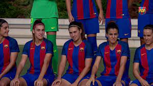 The uniform has blue and red stripes. Fcb Femeni Official Photo Shoot Youtube