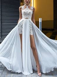 Floor Length A Line Lace Sleeveless Beach Wedding Dress White Dress Party Wedding Dress Couture Short Wedding Dress