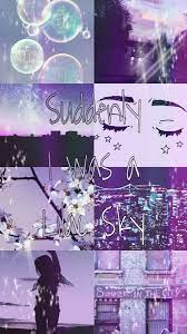 A remarkable wallpaper that features a collage of random photos and light signages in dark and neon purple aesthetic shades. Download Purple Aesthetic Wallpaper