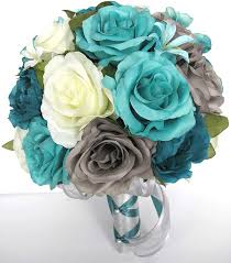 Images of teal colored flowers. Amazon Com Wedding Bouquet 17 Piece Set Bridal Bouquet Teal Gray Turquoise Aqua Blue Wedding Silk Flowers Bridesmaid Bouquet Package Rosesanddreams Home Kitchen