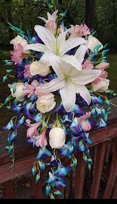 Maybe you would like to learn more about one of these? Cascading Bouquet Of Fresh Blue Purple Blue Galaxy Dendrobium Orchids Pink Alstromeria Cream Roses And Bridal Bouquet Bridal Bouquet Pink Wedding Flowers