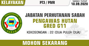 Renjer hutan / penolong pemelihara hutan (skim perkhidmatan bersepadu). Jawatan Kosong Kerajaan Negeri Sabah 2020 Pengawas Hutan Gred G11 Jabatan Perhutanan Sabah Jawatan Kosong Terkini Negeri Sabah
