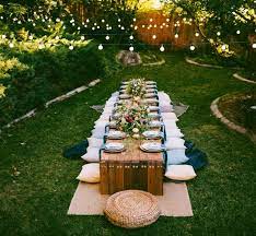 Your own backyard, a few special touches (champagne instead of beer; 10 Tips To Throw A Boho Chic Outdoor Dinner Party Outdoor Dinner Parties Fall Dinner Party Outdoor Dinner