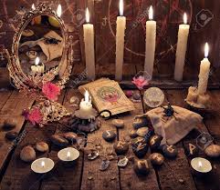 Mystic Ritual With Burning Candles Magic Mirror Flowers And In 2020 Fortune Telling Candle Magic Seance Table