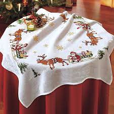 Santa On Sled Tablecloth Stamped Cross Stitch Kit Cross Stitch Needlepoint Embroidery Kits T Cross Stitch Embroidery Kits Cross Stitch Patterns Christmas