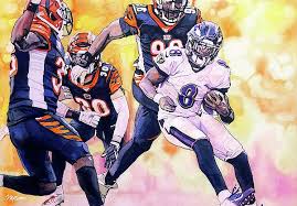 Prints Available Lamar Jackson Spin Move By Michael Pattison Watercolor Lamar Jackson Baltimore Ravens Football Nfl Funny