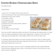 Oil with bha (preservative), titanium dioxide (for color), yellow 5, yellow 6. Creme Brulee Cheesecake Bars Taste And Tell Creme Brulee Cheesecake Bars Cheesecake Bars Betty Crocker Sugar Cookie Mix