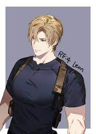 leon s. kennedy, resident evil, resident evil 4, resident evil 4 (remake),  highres, 1boy, blonde hair, blue eyes, blue shirt, border, character name,  closed mouth, grey background, hair between eyes, harness, jujeop,