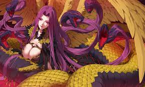 purple hair, anime girls, anime, 2D, Gorgon (FGO), cleavage, FateGrand  Order, portrait, artwork, looking at viewer, Fate Series, red eyes, monster  girl, digital art, Orange Maru, huge breasts, long hair, yang-do, FGO,