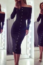 Off Shoulder Long Sleeve Button Bodycon Knee Length Dress Midi Dress Bodycon Boat Neck Midi Dress Elegant Dresses For Women