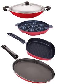 Nirlon Aluminium Cookware Set 4 Pieces Red Black 2 6mm Ft13 Ap 7 Ac Gp 22 5 Cookware Set Cooking Essentials Cooking Kitchen