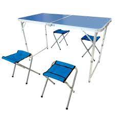 It measures 33.6l x 25.7w x 25.5h with a built in handle for easy transport. Contempo Views Portable Folding Picnic Table Set Outdoor Party Dining Camping Foldable Aluminum Table With 4 Folding Stools Blue Best Buy Canada