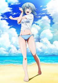 narsena, party kara tsuihou sareta sono chiyushi, jitsu wa saikyou ni  tsuki, highres, official art, 1girl, bare legs, bare shoulders, barefoot,  beach, bikini, blue bikini, blue eyes, blue hair, breasts, full body,