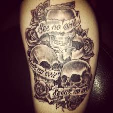 See No Evil Hear No Evil Speak No Evil Skull Tattoo See No Evil Hear No Evil Speak No Evil Tattoo Got On 7 11 Skull Tattoo Large Evil Tattoo Tattoos Badass Tattoos