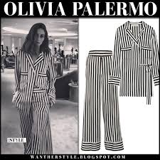 Black And White Striped Silk Pajamas Olivia Palermo In Black And White Striped Silk Pyjama Blouse And Striped Silk Pants Stripes Style Fashion Celeb Olivia Palermo Style Striped Olivia Palermo