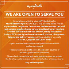 The city will be guided by the regulations for mecq under the iatf omnibus guidelines dated may 20, 2021, particularly page 9, section 3 and the department of trade and industry memorandum circular no. List Mall Hours In Mecq Areas This April 2021 Philippine Primer