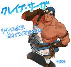 sakuramarusan, crave saga, character request, highres, translation request,  1boy, bara, blue hair, brown gloves, chest hair, closed mouth, cross scar,  dark-skinned male, dark skin, facial scar, gloves, goggles, goggles on  head, large