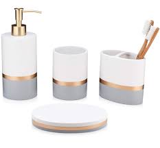 Soap holder allow the soap and the deck nearby to dry immediately, the soap lift protects sink and a new trendy and a new life wisewife soap dish not only solves the traditional soap/cup/toothbrush mat problems(no need to use cloth to dy i got the cactus version of this soap dish for my kitchen. 4 Piece Bathroom Accessory Set Includes Lotion Dispenser Toothbrush Holder Tumbler And Soap Dish Gold Bathroom Accessories Bathroom Accessory Set Bathroom Accessories