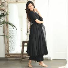 Festival wear gather suit set with gota work and bandhini dupatta. Plain Black Rayon Kurti Palazzo Set With Dupatta