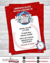 This is a sneak peek at our 2nd minute to win it party! Minute To Win It Birthday Party Invitation Professionally Printed Or Diy Printable Pdf By Candles Favors Inc Catch My Party