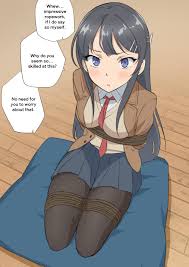 tamawwwwwwwww, sakurajima mai, seishun buta yarou, tie, absurdres, highres,  1girl, arms behind back, bdsm, between breasts, black hair, bondage, bound,  breasts, comic, english text, frogtie, legs together, long hair, long  sleeves, medium