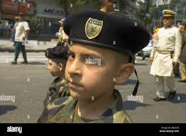 Military cadets march through Mexico City to commemorate Squadron 201 whose  members flew for the US in World War II Stock Photo