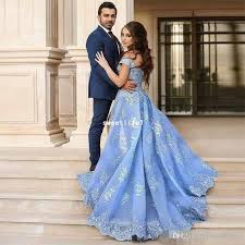 2018 Light Blue Arabic Evening Dresses Women Engagement Dress With Lace Applique Sexy High Slit Prom Dress Robe De Soiree Longue Dubai Gowns Vintage Evening Dresses Womens Evening Dresses From Berylshop 133 86