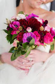 Bridal Bouquet In Red Hearts Roses Fuchsia Anemones Burgundy Dahlias Fuchsia Cabbage Roses Gold Pods Blu Valentines Flowers Wedding Flowers Bridal Bouquet