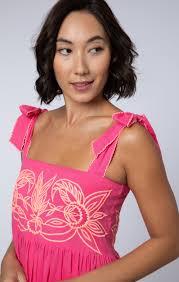 Fuchsia Sundress with Tie Shoulders and Coral Embroidery → Juliet Dunn  London