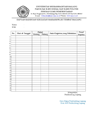 Check spelling or type a new query. Daftar Hadir Dan Kegiatan Mahasiswa Di Tempat Magang