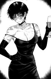 masoq, zenin maki, jujutsu kaisen, absurdres, commentary, english  commentary, highres, 1girl, breasts, choker, cleavage, closed mouth,  collarbone, cowboy shot, cup, dress, drinking glass, elbow gloves, glasses,  gloves, greyscale, hand on own hip,