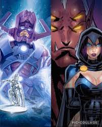 Who would win in a battle between Galactus and Silver Surfer vs Trigon and  Raven at full power?