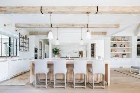 Our endurathane faux wood ceiling beams are an amazing investment, providing an exquisite look to your home interiors. Light Brown Oak Plank Kitchen Island With Light Gray Linen Counter Stools Transitional Kitchen