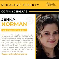 My name is Jenna Norman, and I am from Wilmington, Ohio. I am a double  major in Economics and Politics & Government and a double minor in Social  Justice and Environmental Studies.