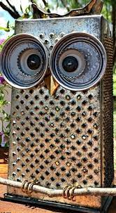 The pergola is clear cedar that has been primed and painted. Recycled Kitchen Grater Owl Owl Craft Projects Owl Crafts Tin Can Art