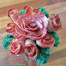 My Bacon Roses And A Salami Rose Bouquet The Birthday Present For My Hubby Bad Gifts Salami Appetizer Bacon Roses