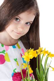 Picture of Beautiful Little Girl with Daffodils Stock Image