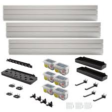 From there, you will need to assemble to specific fasttrack storage items you want to use, and then slide them onto the rails. Rubbermaid Fasttrack Garage Wall Panel Starter Kit 23 Piece Ft1887156kit The Home Depot