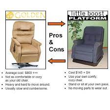 So i built this chair riser to help out. Little Boost Platform Recliner Chair Lift Makes Standing Easier