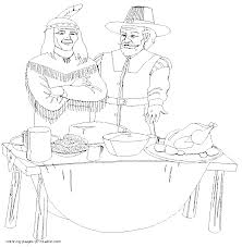 Print out this delightful coloring page featuring a pilgrim and indian standing together. Coloring Book Thanksgiving Indian Pilgrim Coloring Pages Printable Com
