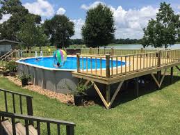Pool Deck Ideas Partial Deck The Pool Factory In 2020 Pool Deck Plans Above Ground Pool Decks Pool Decks
