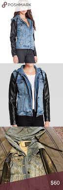 Denim And Faux Leather Jacket This Jacket Is So Badass Can Be Dressed Up Or Down Love The Hood And The Leather Slee Jackets Faux Leather Jackets Denim Hoodie