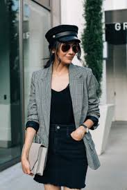 Black And White Plaid Blazer And Skirt 3 Fall Trends I M Loving Daily Craving Outfits With Hats Black Denim Skirt Outfit Black Denim Skirt