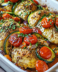 Mediterranean Chicken Zucchini Bake – Low-Carb Dinner Ingredients: 4  skinless, boneless poultry breasts (high-protein and low-fat) 2 medium  zucchini, sliced (low-carb vegetable) 1 pint of cherry tomatoes chopped in  half ( rich