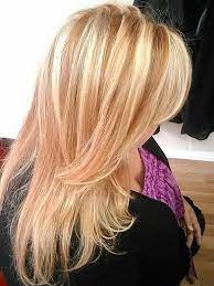 Copper And Blonde Highlights Layered Haircut With Swept Bangs Blonde Hair With Copper Lowlights Hair Styles Blonde Hair With Highlights