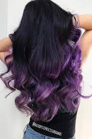 Her hair is a lovely combination of so many great shades of purple, starting with her original hair colour at the roots, followed by dark and rich amethyst, fading to lilac and finally grey. Deep Purple Highlights Black Hair
