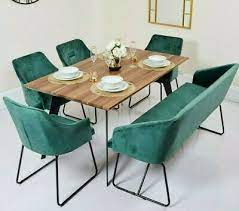 Luxury Wooden Dining Table Set Iron Legs Green Soft Velvet Chairs Sofa 6 Seater Ebay Dining Table Chairs Dining Sofa Green Dining Room