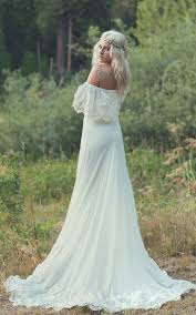 Bohemian Wedding Dress 1970s Hippie Bohemian Gown Cream Ivory Off The Shoulder Lace Ruf Wedding Dresses Hippie Bohemian Wedding Dresses Wedding Dress Chiffon