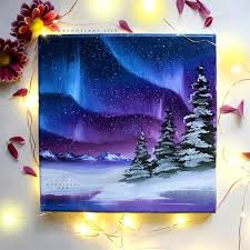 First Christmas Gift For Her Oil Painting Wall Art Etsy In 2020 Winter Landscape Painting Northern Lights Painting Canvas Painting Diy