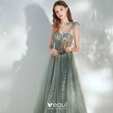 Chic Beautiful Sage Green Prom Dresses 2020 A Line Princess Shoulders Sleeveless Sequins Ankle Length Ruffle Backless Formal Dresses In 2020 Green Prom Dress Backless Dress Formal Prom Dresses
